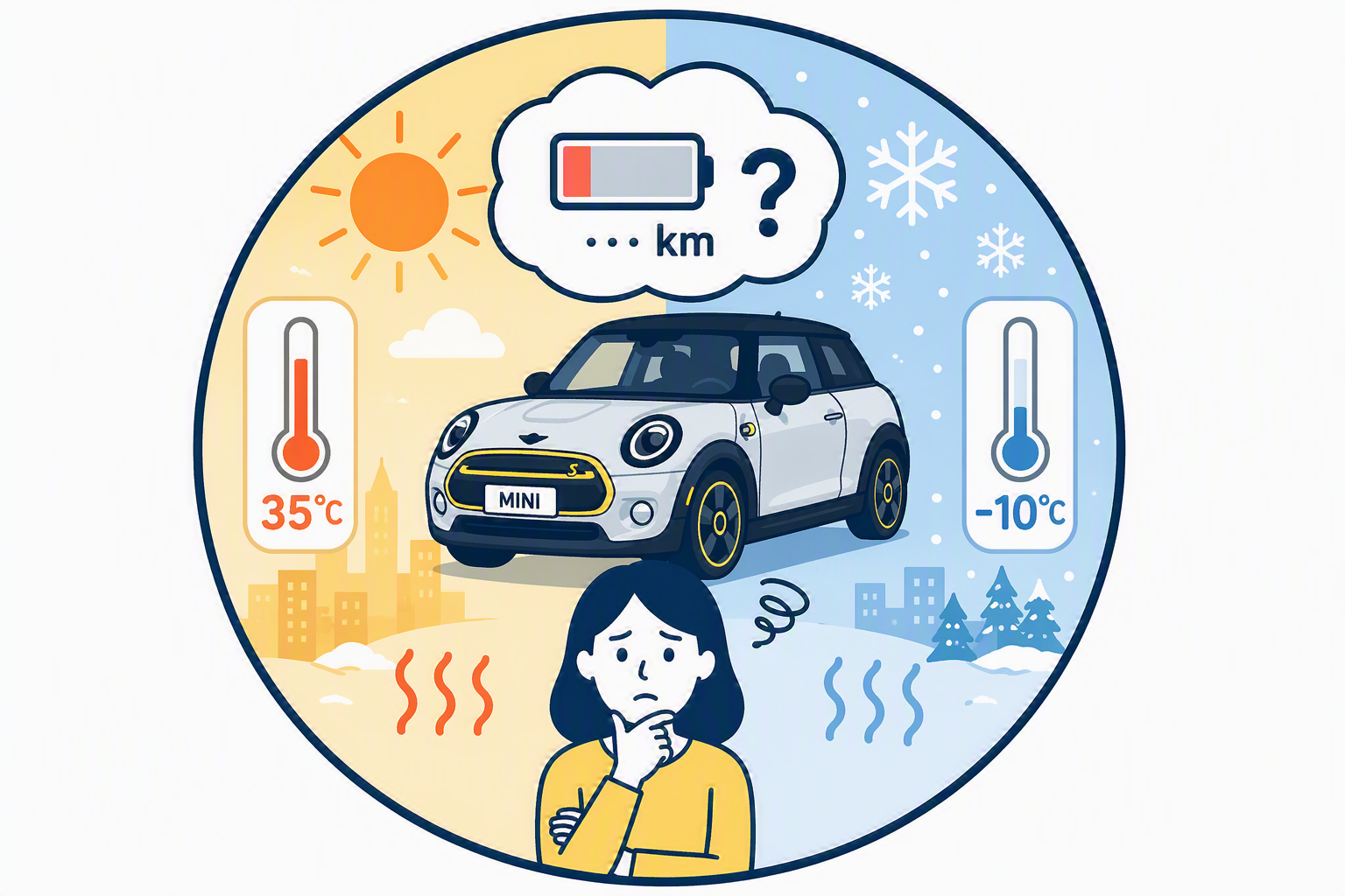 真夏や冬の気温と電気自動車のバッテリー不安を表すイラスト