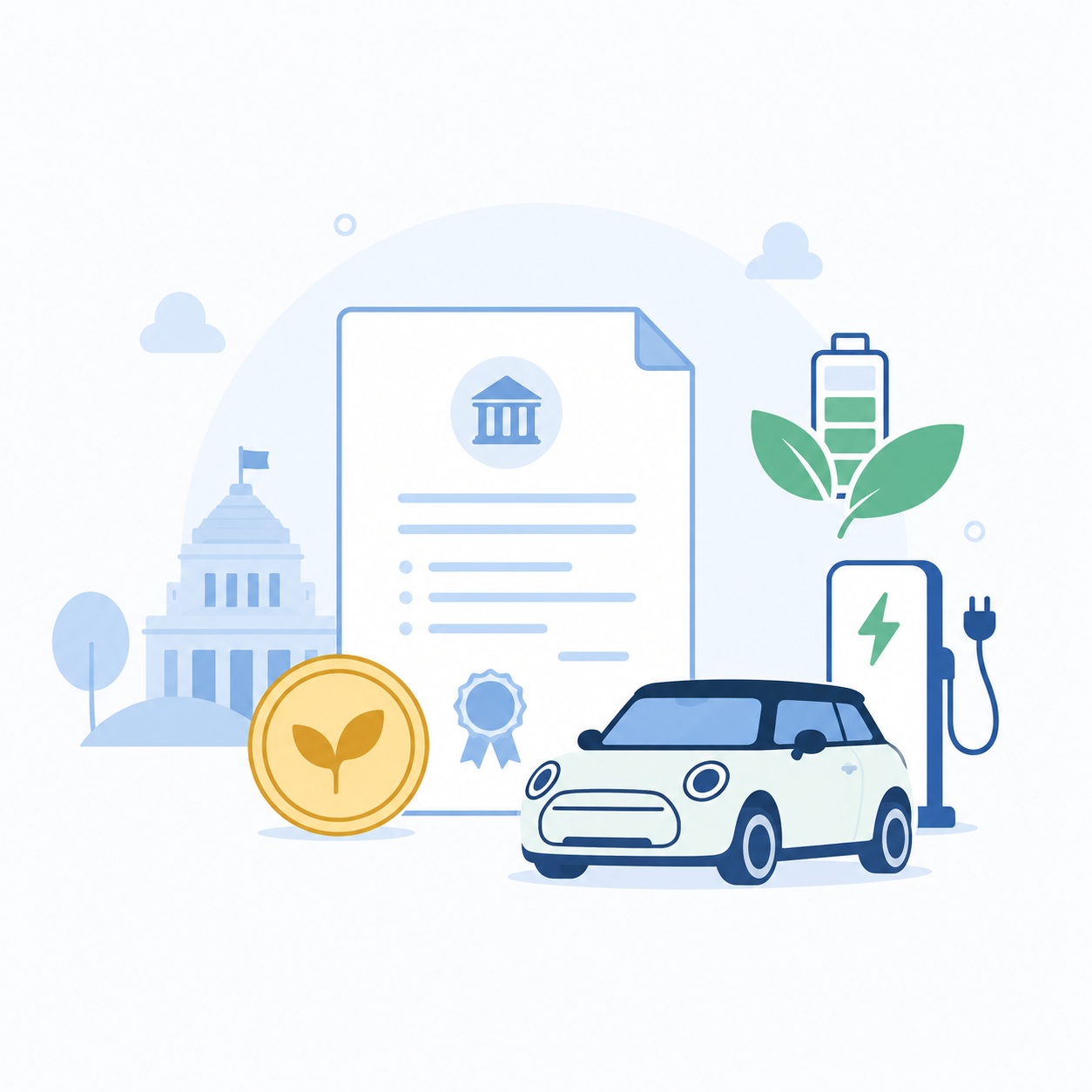 国のCEV補助金でMINIの電気自動車購入をサポートするイラスト
