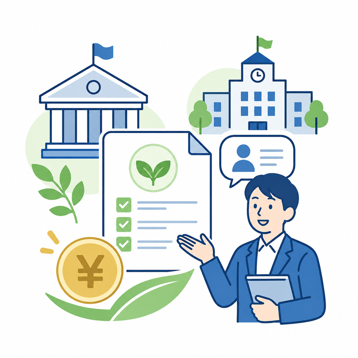 CEV補助金や自治体補助金について相談するイメージイラスト