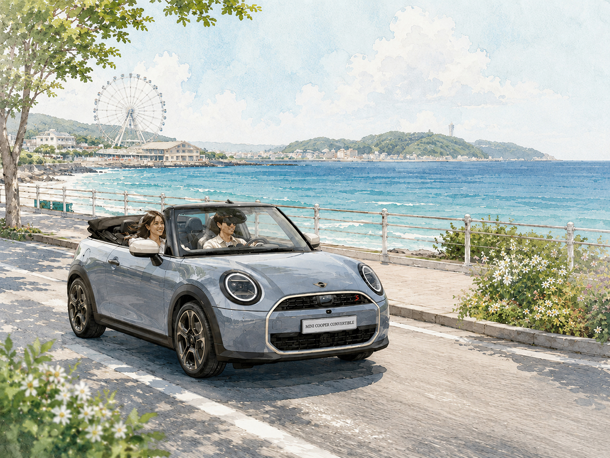 神奈川の海沿いの道をMINIでドライブするイメージイラスト