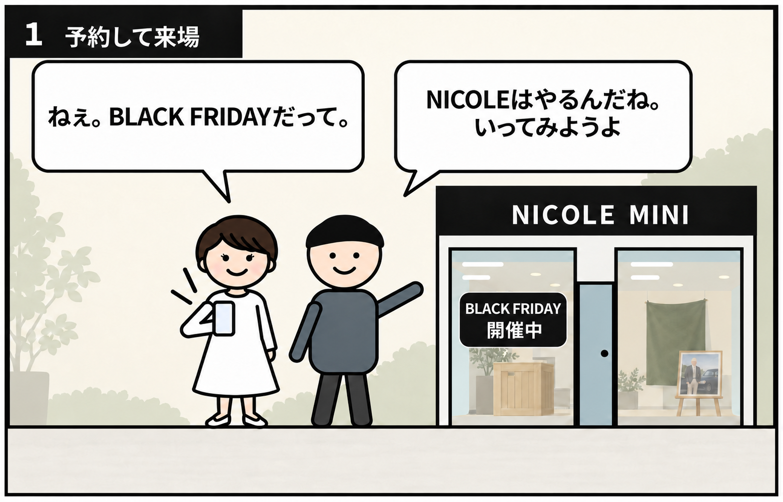 BLACK FRIDAYを知り、Nicole MINIへの来場を相談するイメージ
